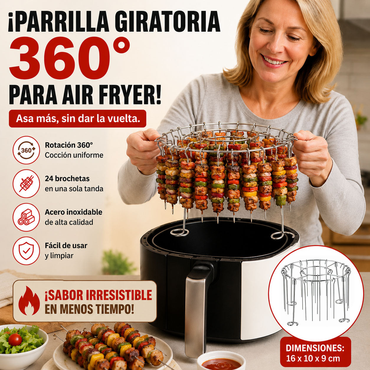 Soporte para brochetas para freidora de aire con 30 brochetas verticales de acero inoxidable