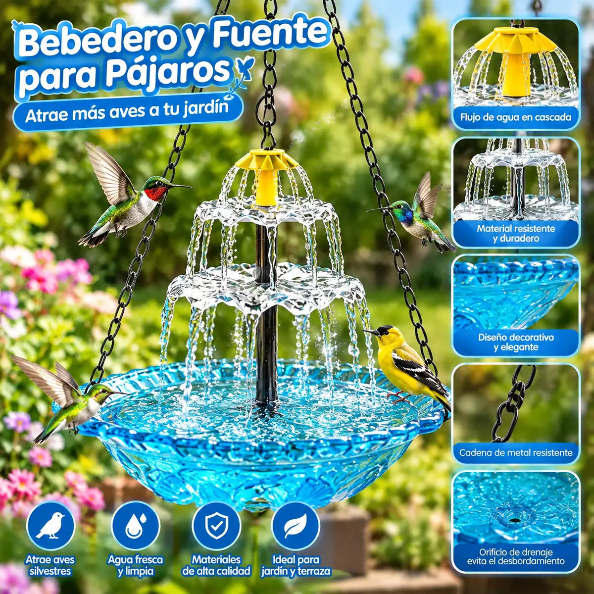 Fuente colgante solar para baño de pájaros con estilo cascada