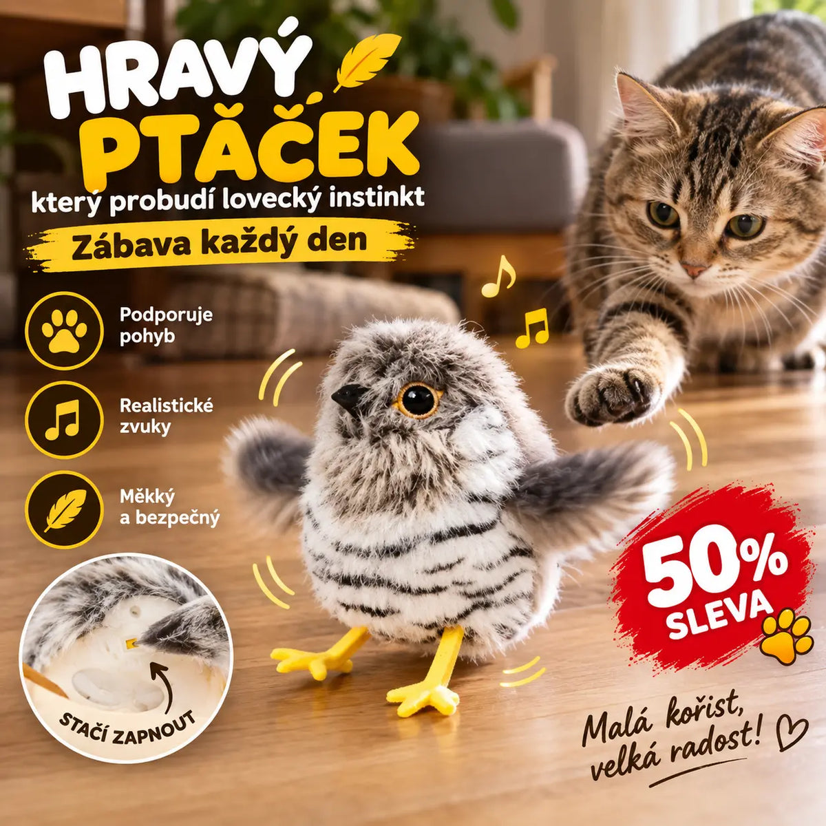 🐦🐥😺Tento plyšový, realisticky vypadající malý ptáček s třepotavým pohybem je hračka ve tvaru kočky, která vydává zvuky a poskytuje domácím mazlíčkům zábavu.