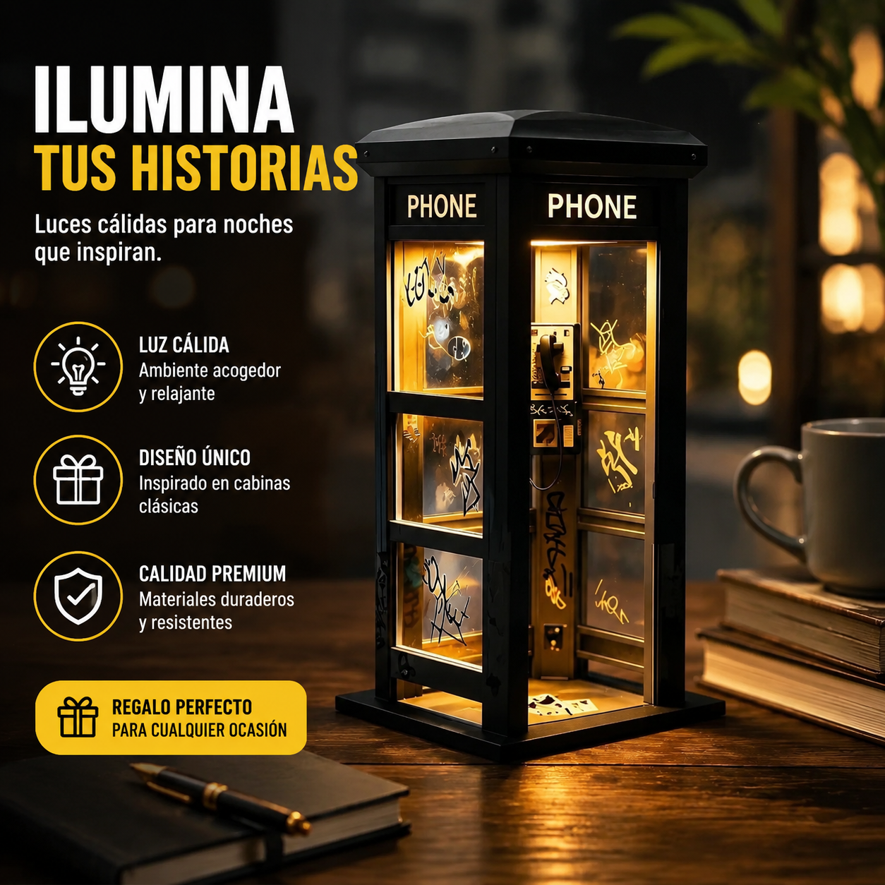 ✨⏰ EDICIÓN LIMITADA Lámpara de ambiente con forma de cabina telefónica vintage: diseño nostálgico con luz ambiental cálida 💡📞