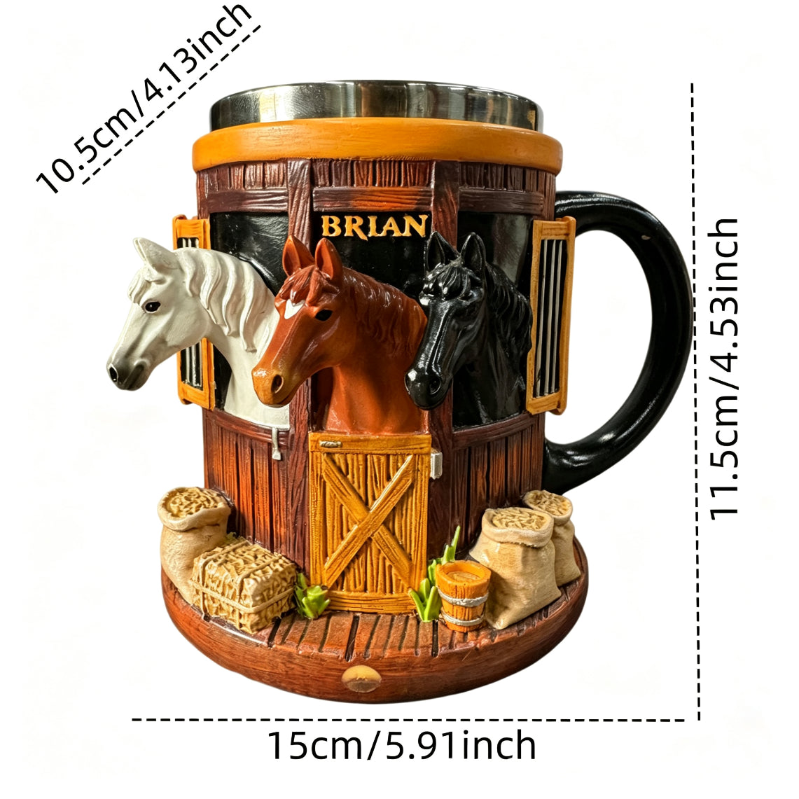 Taza de café 3D con temática de granja y establo, taza de acero inoxidable con relieve tridimensional, regalo ideal para amantes de los caballos.
