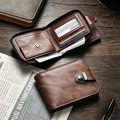 Cartera de piel auténtica para hombre: diseño retro con cremallera, compartimento para tarjetas y protección RFID.