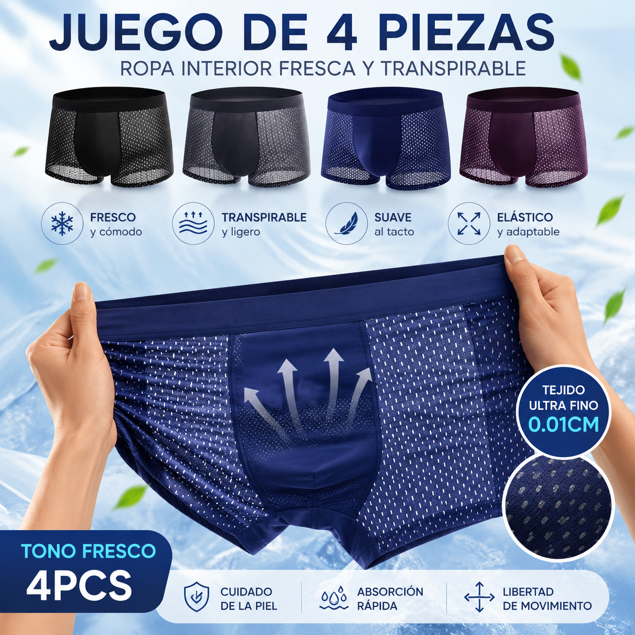 🔥【4 piezas】🧊Calzoncillos bóxer de malla transpirable y cómodos para hombre