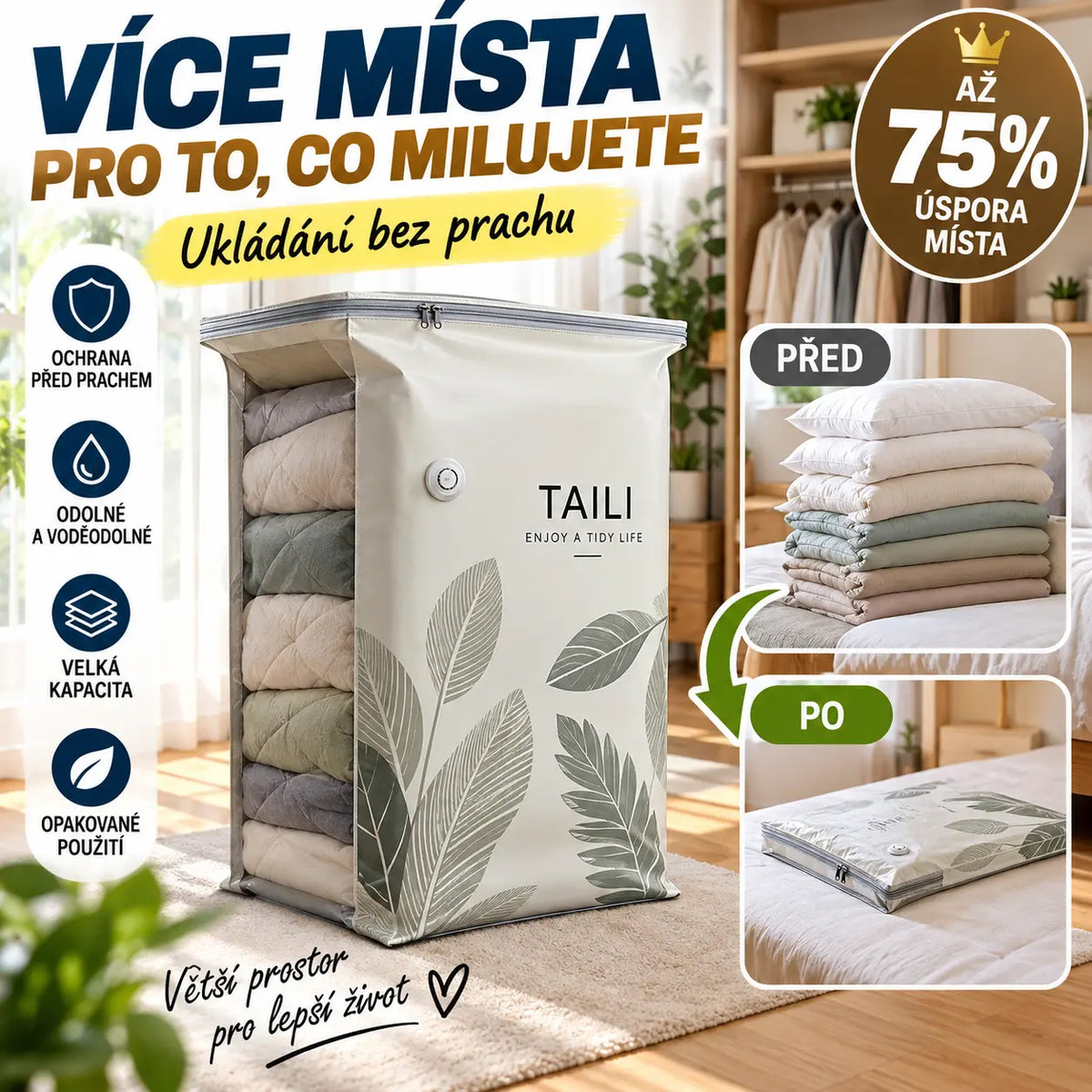 🧳【56*80 cm】【5dílná sada】💨 Velký, stlačitelný vakuový úložný sáček: není potřeba pumpička, nepropustný a ideální pro úsporu místa v kufrech i doma ✈️