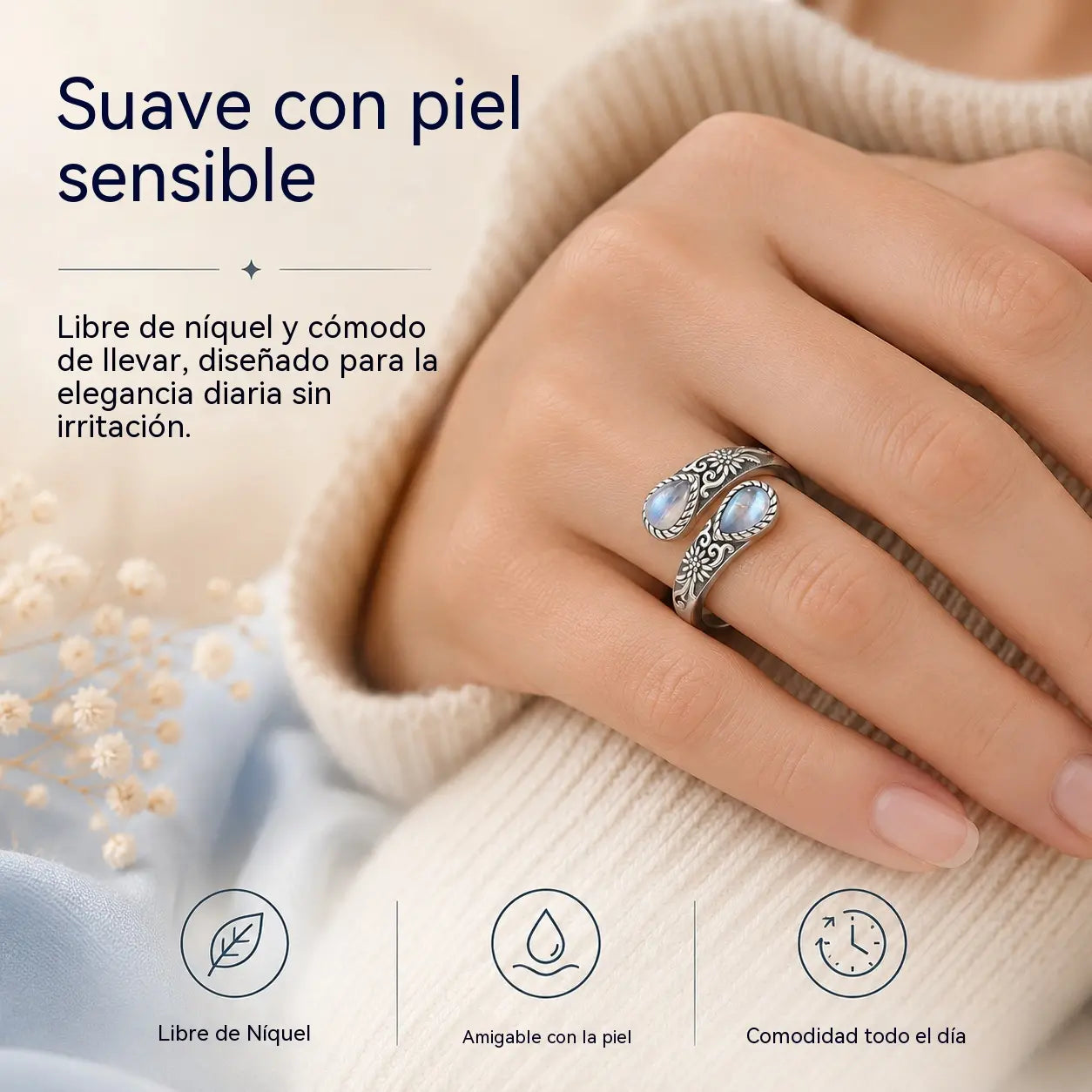 Último día 50 % de descuento en anillo con flor de piedra lunar, estilo vintage. Ajuste ajustable · Atemporal Elegancia