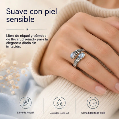 Último día 50 % de descuento en anillo con flor de piedra lunar, estilo vintage. Ajuste ajustable · Atemporal Elegancia