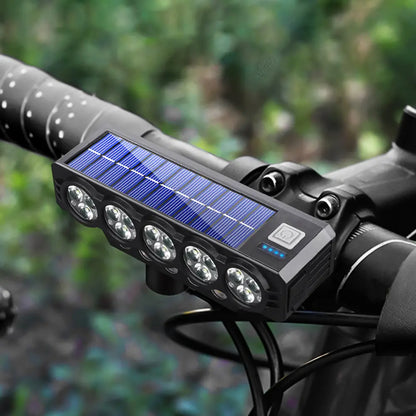 Faro solar para bicicleta con carga USB y altavoz, 900 lúmenes, luz nocturna de larga duración para ciclismo