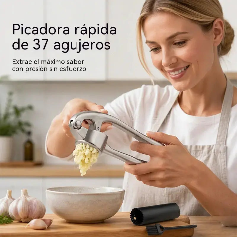 Prensa de ajos premium con mango ergonómico suave y fácil de apretar.