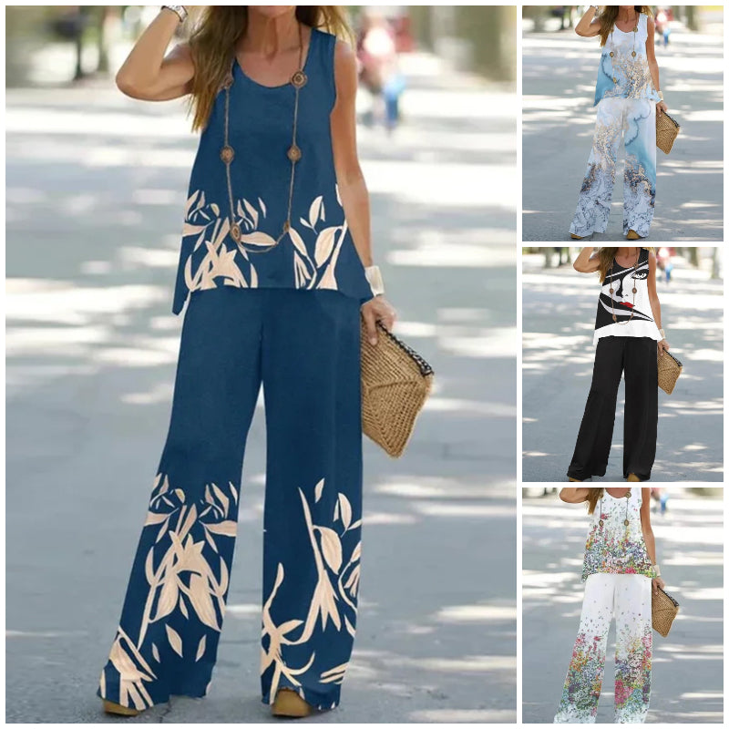 🌸 😍 【S-3XL】Traje casual estampado sin mangas [top + pantalón].
