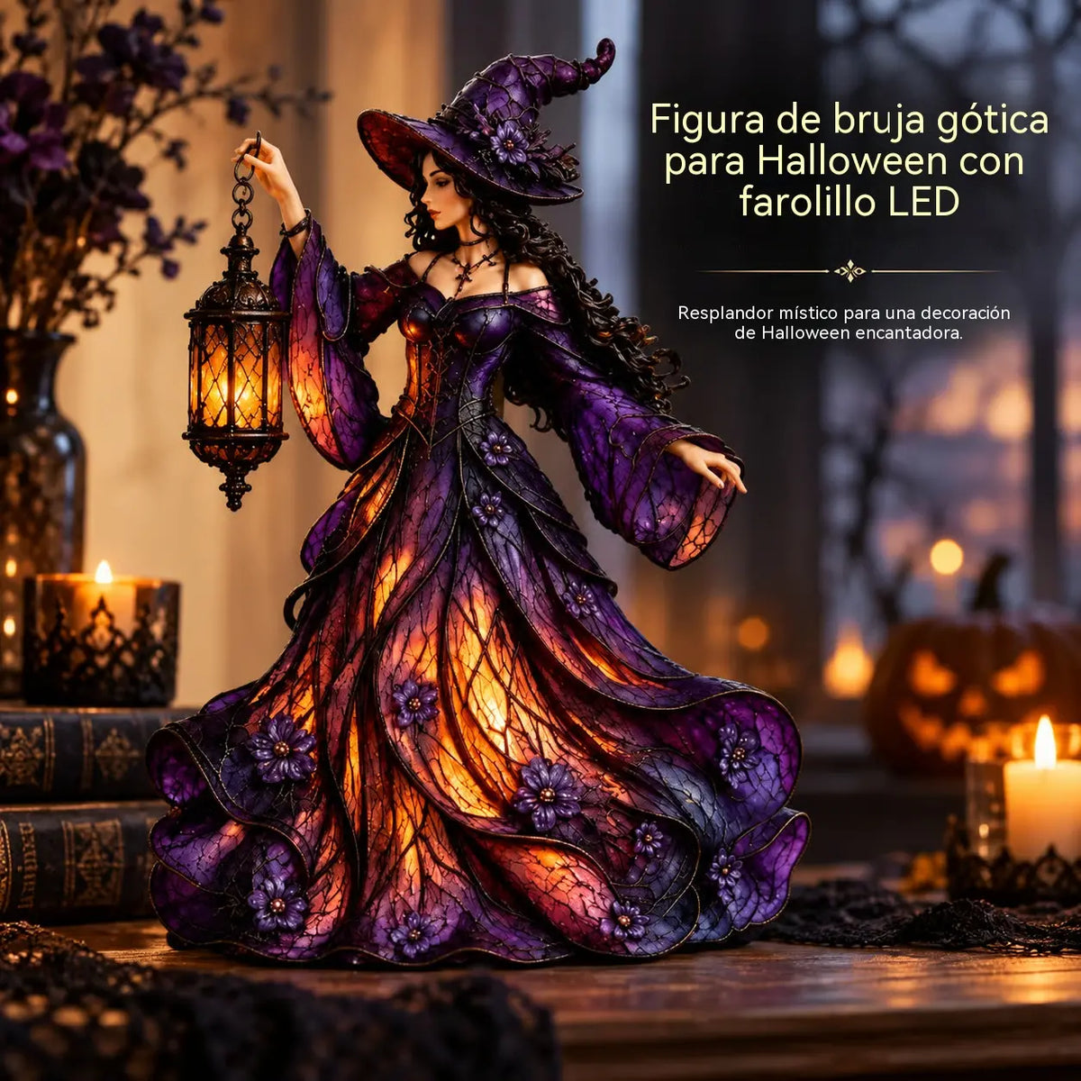 🧙‍♀️ Figura de bruja gótica de Halloween con farol LED 🧙‍♀️