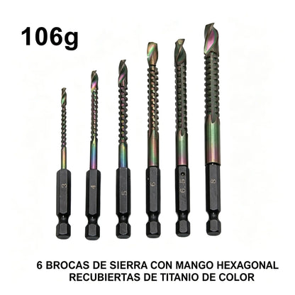 🛠️🔧(6 piezas)Broca helicoidal de acero de alta velocidad con revestimiento de titanio 2 en 1 – Vástago hexagonal, adecuada para taladrar y ranurar madera y metal🔩