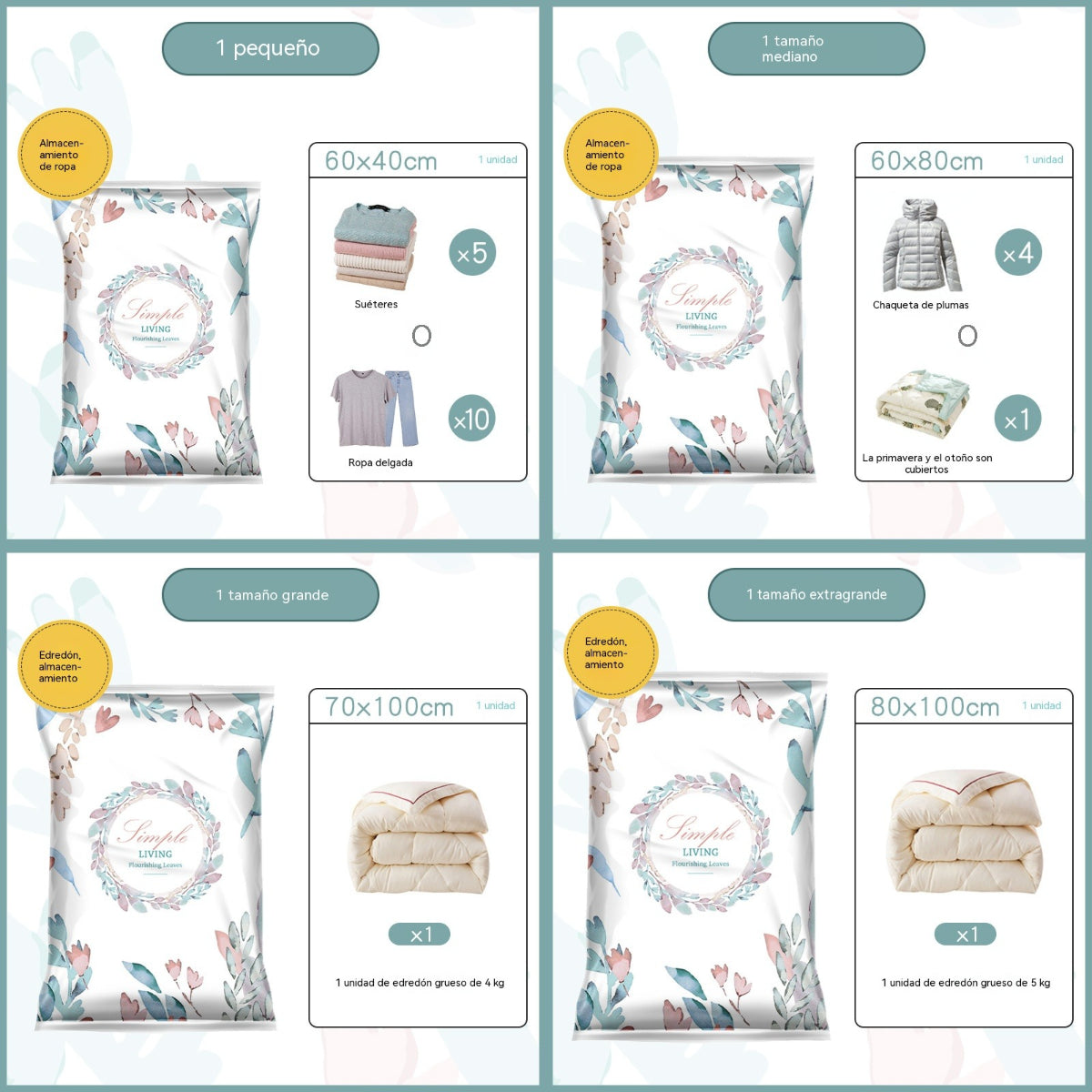 🧳【Juego de 4 piezas】💨 Bolsas de almacenamiento al vacío compresibles de gran capacidad: diseño a prueba de fugas, ideal para ahorrar espacio en tu maleta y en casa ✈️