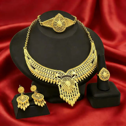 ✨ Juego de joyas nupciales chapadas en oro de 24 quilates estilo indio de Dubái: collar, pulsera, anillo y pendientes para mujer.