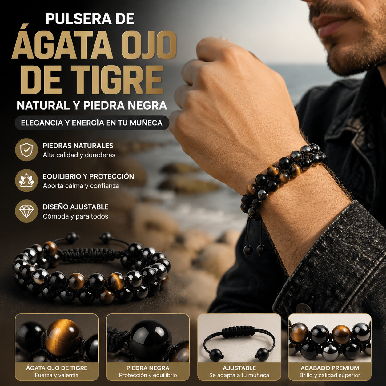 Pulsera de triple protección: auténtica ágata ojo de tigre y piedra biliar negra. El regalo perfecto.