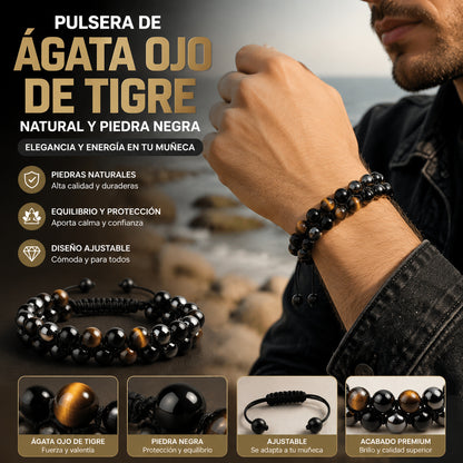 Pulsera de triple protección: auténtica ágata ojo de tigre y piedra biliar negra. El regalo perfecto.