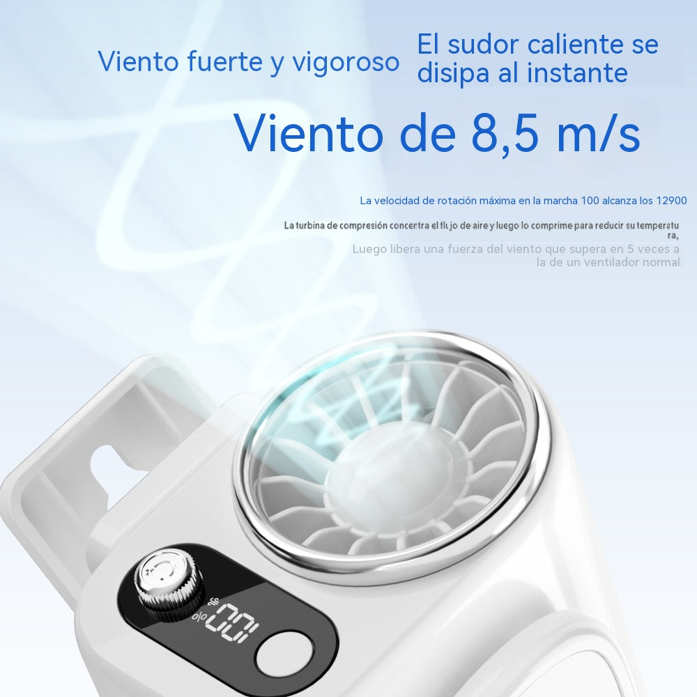🌀 Ventilador manos libres, equipado con pantalla LED, clip integrado y múltiples velocidades de viento ajustables.