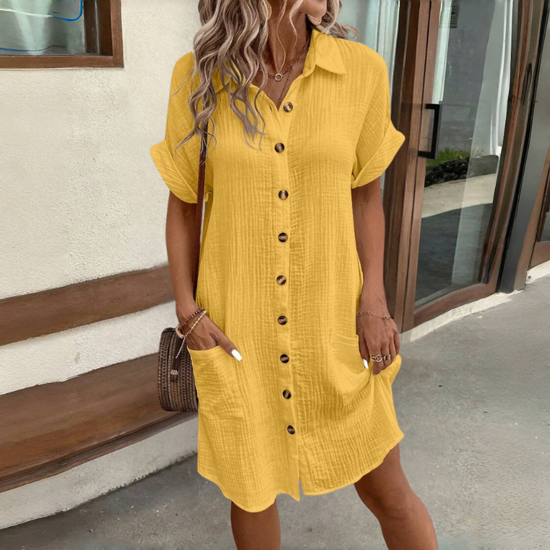 💯【S-2XL】2026 Vestido suelto de lino y algodón de manga corta y largo medio con botones