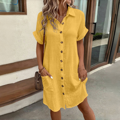 💯【S-2XL】2026 Vestido suelto de lino y algodón de manga corta y largo medio con botones