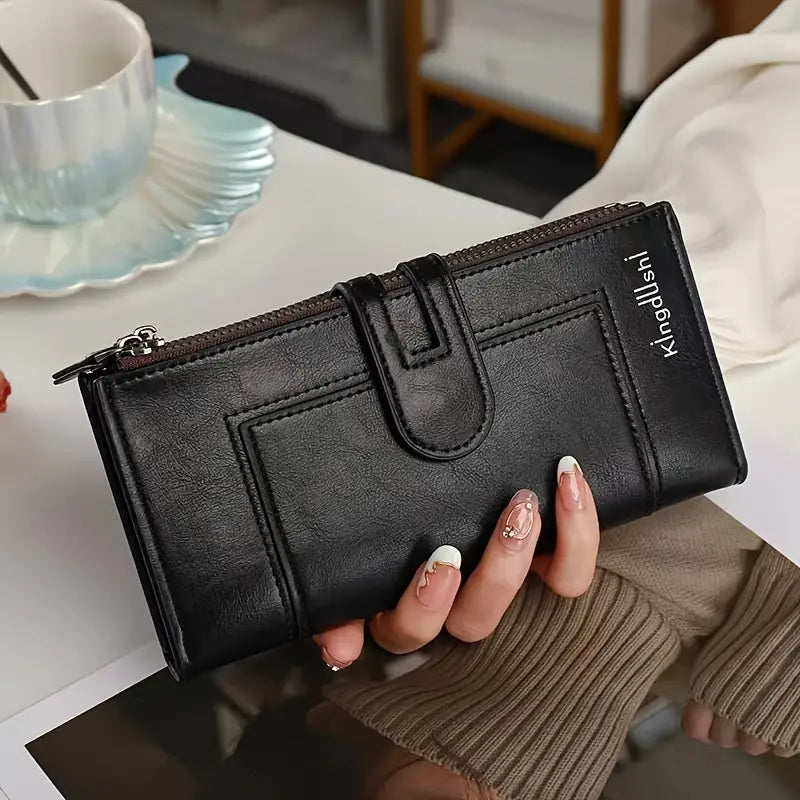 Cartera larga de alta gama para mujer con doble cremallera, diseño multicompartimento, gran capacidad, estilo versátil y sofisticado.