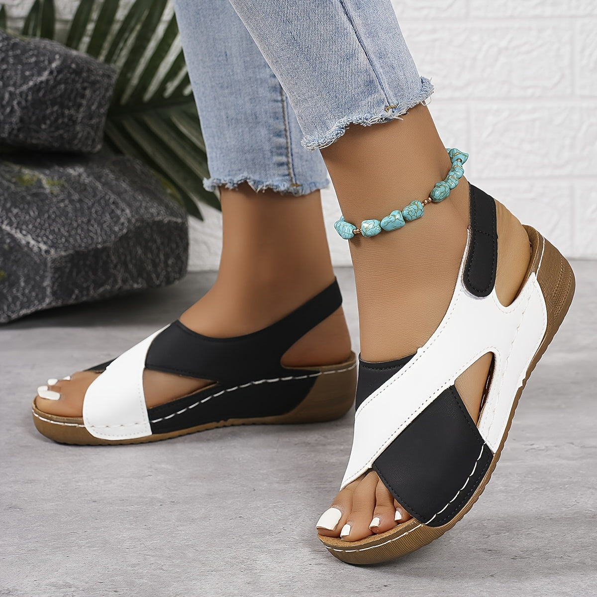 🔥👡【36-43】Sandalias de cuña de color en contraste para mujer, zapatos casuales de verano con punta abierta