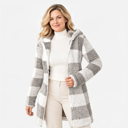 ✨【S-3XL】Ženska dolga, obojestranska jopa/plašč na zadrgo – umetno krzno in karirast vzorec (jesen/zima)
