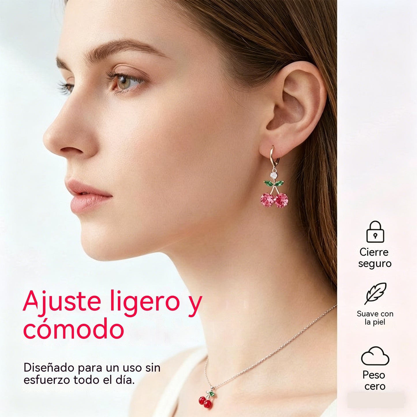 🍒 Conjunto de pendientes y collar con colgante de cristal de cereza rosa