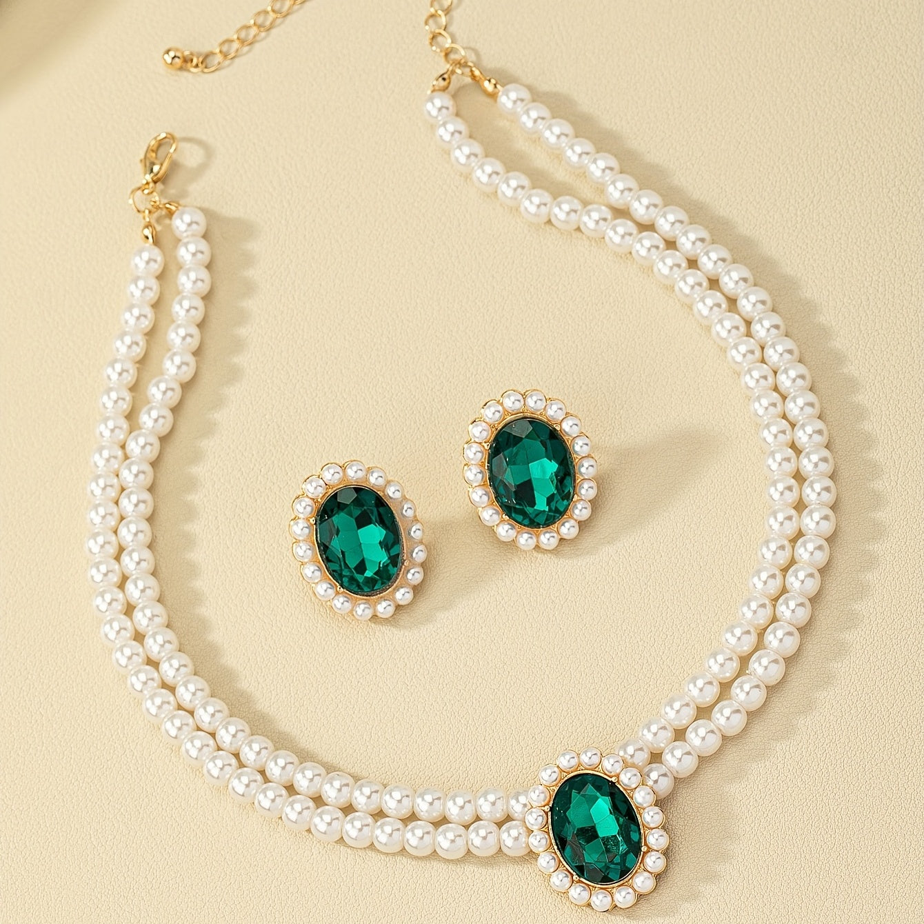 (  collares +   pares de pendientes) set de pendientes vintage de esmeralda y collar de perlas artificiales