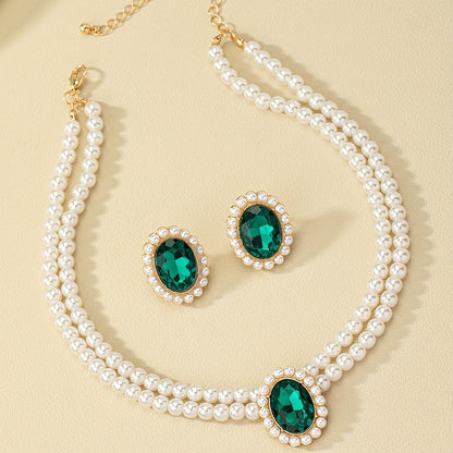 (  collares +   pares de pendientes) set de pendientes vintage de esmeralda y collar de perlas artificiales
