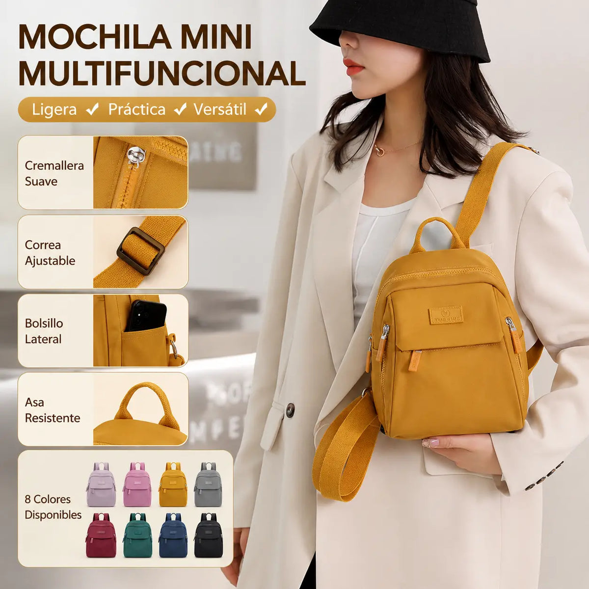 Nueva mochila elegante e informal de gran capacidad y color liso para mujer.