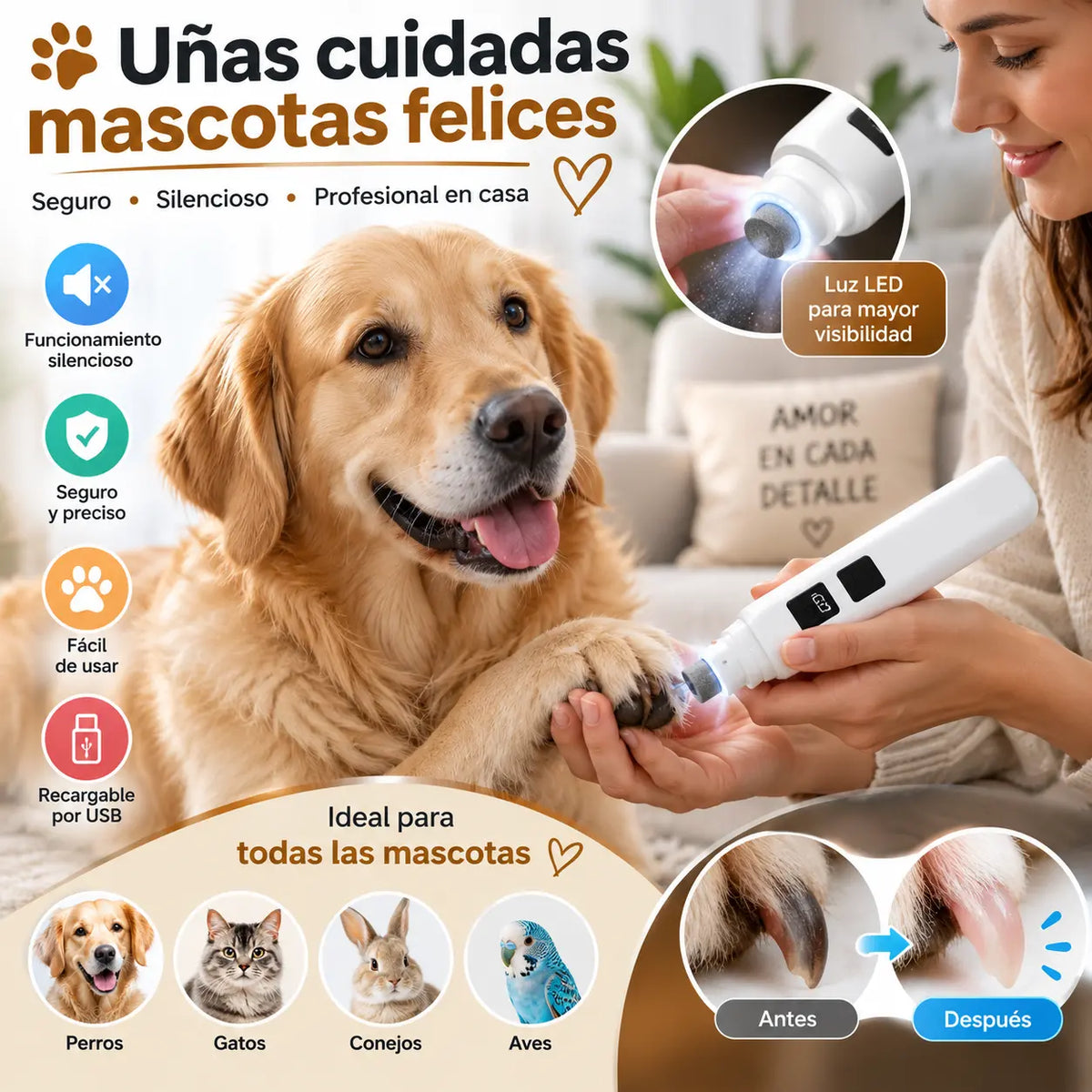 🔥🐱🐶 Lima eléctrica de uñas para mascotas con indicador LED de potencia