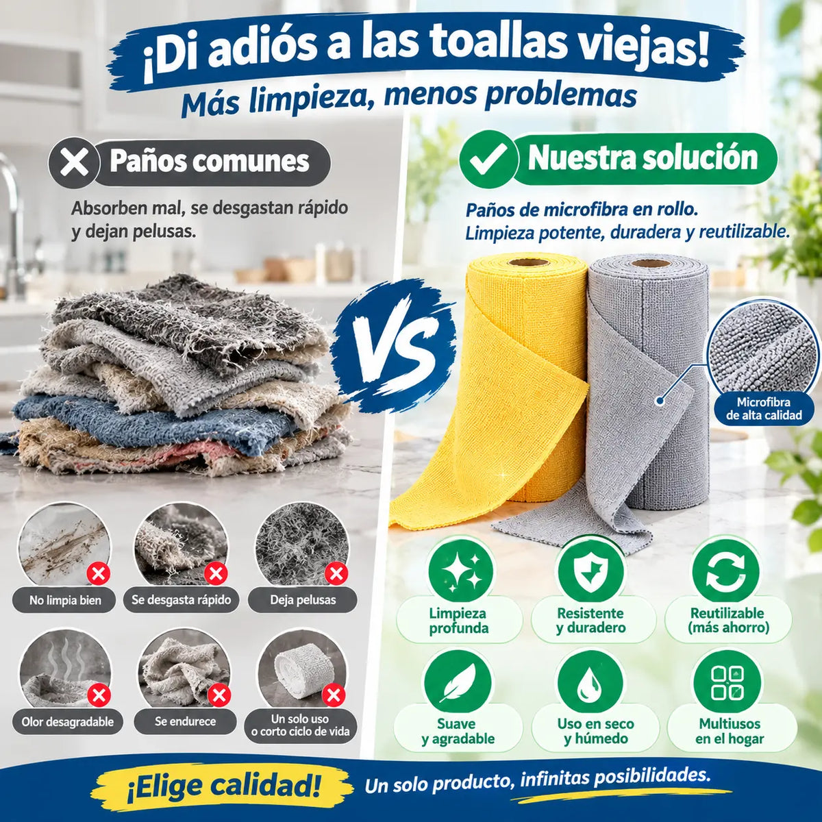 ✨🧼Rollos de toallas de limpieza reutilizables que se pueden arrancar uno a uno.