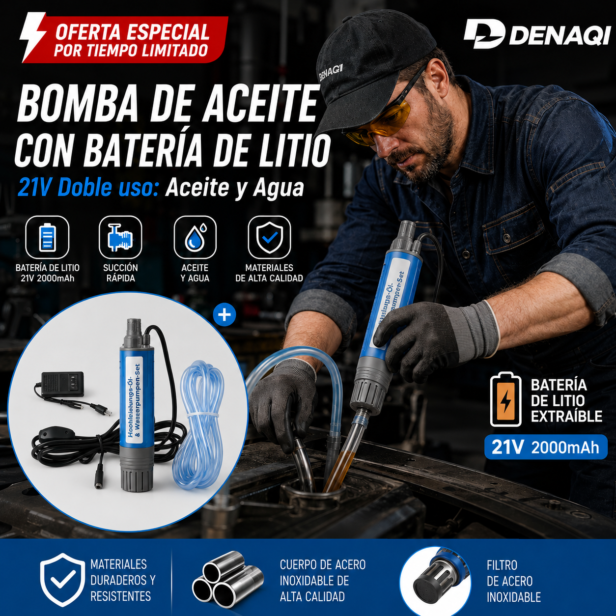 💥✅Oferta especial por tiempo limitado🔥Nueva bomba de aceite con batería de litio Denaqi, 21 V, bomba de aceite y agua de doble uso, batería de litio