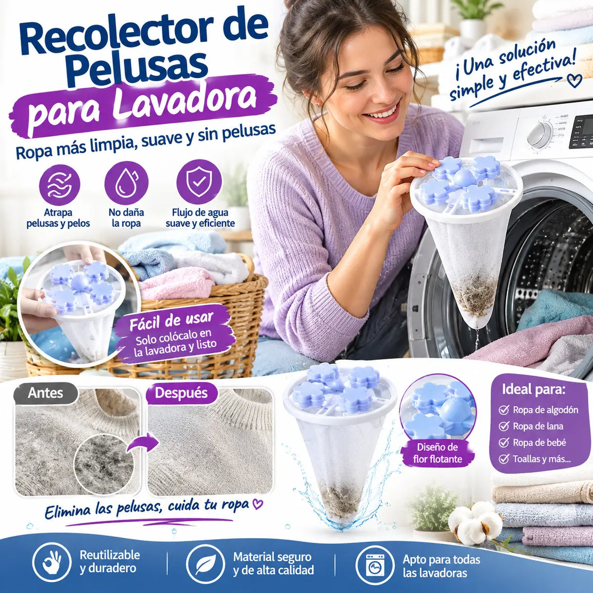 🌀【6 piezas】Filtro Flotante para Lavadora – Atrapa Pelusas, Cabellos y Pelos de Mascota en Cada Lavado 🧺