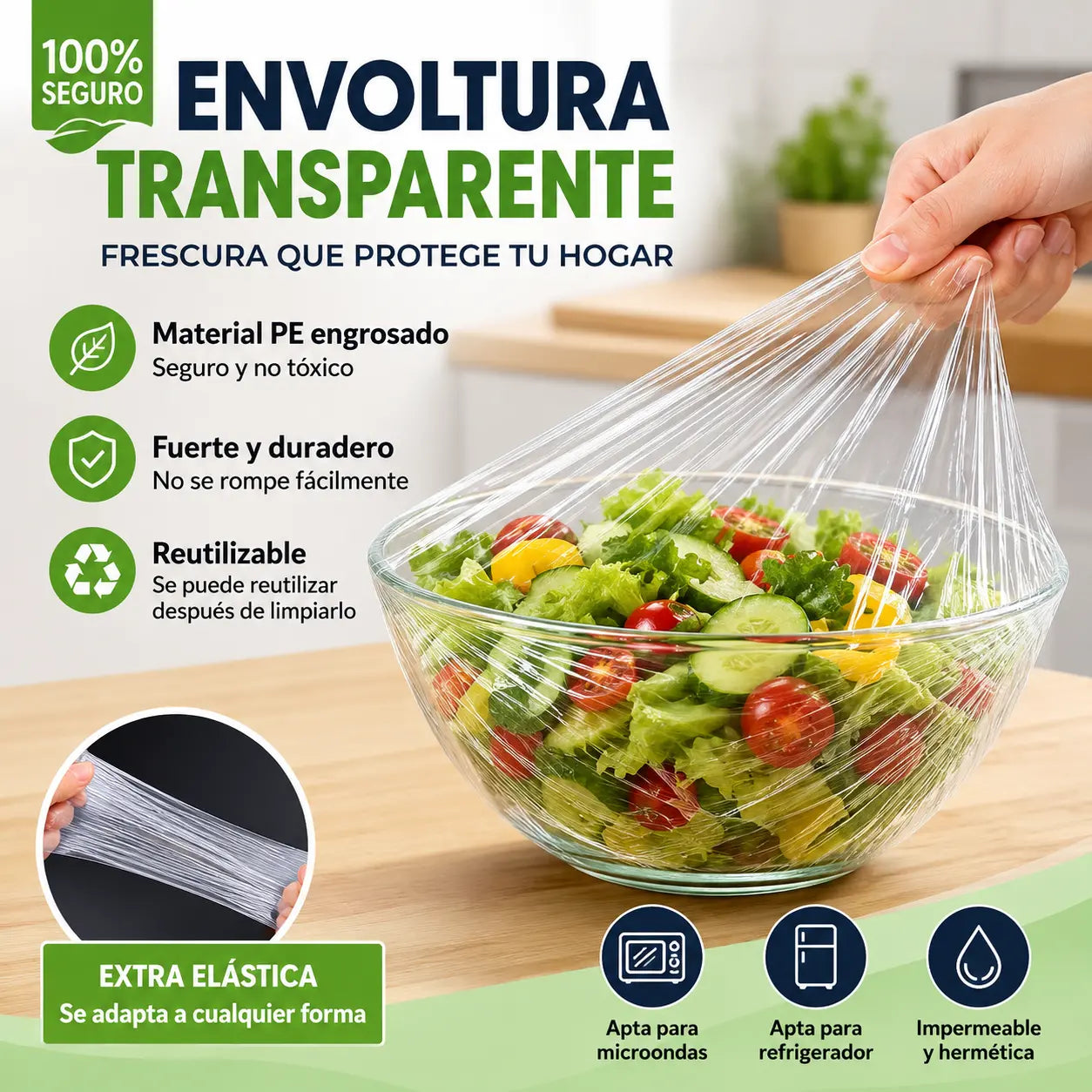 【1 bolsa de 300 unidades】🛡️ Film transparente de calidad alimentaria con acción antibacteriana – Protege tus alimentos, ideal para cocina y nevera 🧴