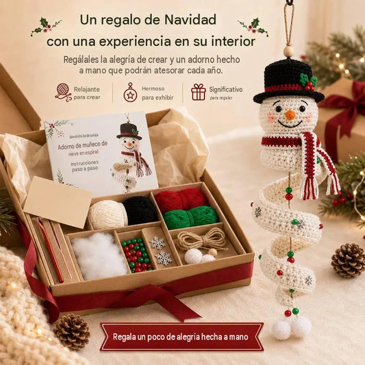 ☃️ Kit de muñeco de nieve en espiral a ganchillo (DIY) | Ideal para principiantes: Incluye lana suave, ganchillo, cuentas festivas, adornos de copos de nieve y un tutorial detallado paso a paso 🧶🎄✨ Altura final: 15 cm