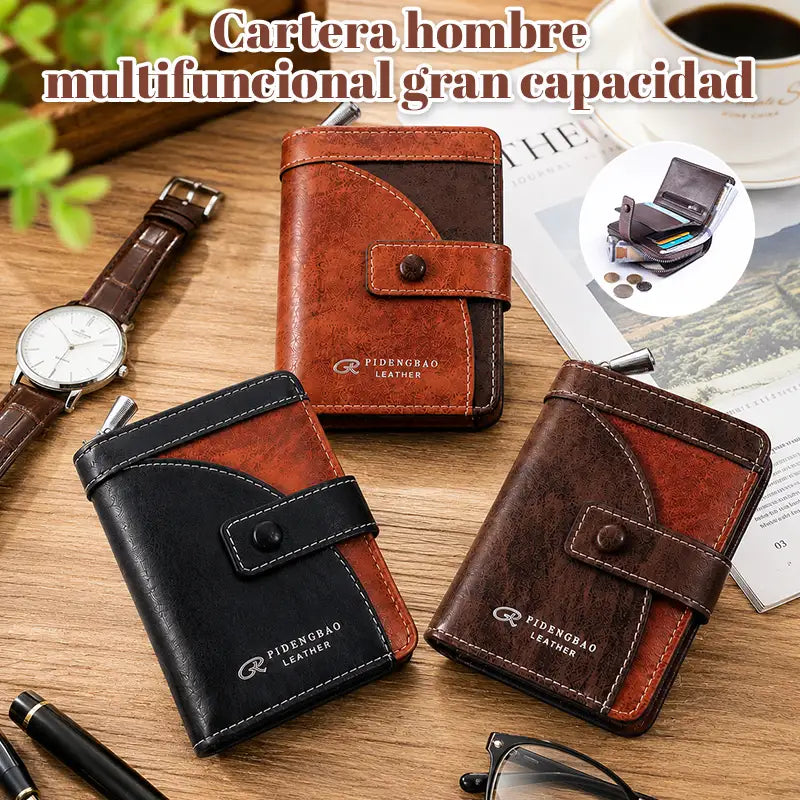 🔥🔥【Disponible en 3 colores】 Cartera de hombre de cuero genuino estilo retro, hecha a mano, con cremallera y ranura para varias tarjetas.