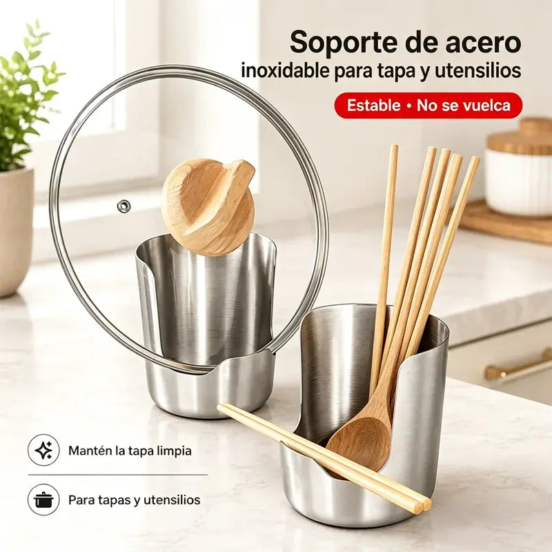 🍳 Soporte de Cocina 2 en 1 de Acero Inoxidable – Organizador para Cucharones, Tapas y Utensilios | Mantén la Encimera Limpia y Ordenada