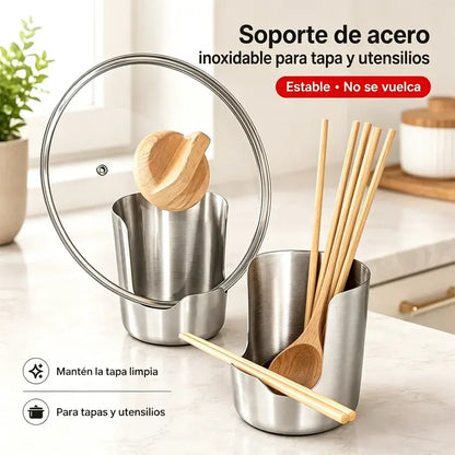 🍳 Soporte de Cocina 2 en 1 de Acero Inoxidable – Organizador para Cucharones, Tapas y Utensilios | Mantén la Encimera Limpia y Ordenada