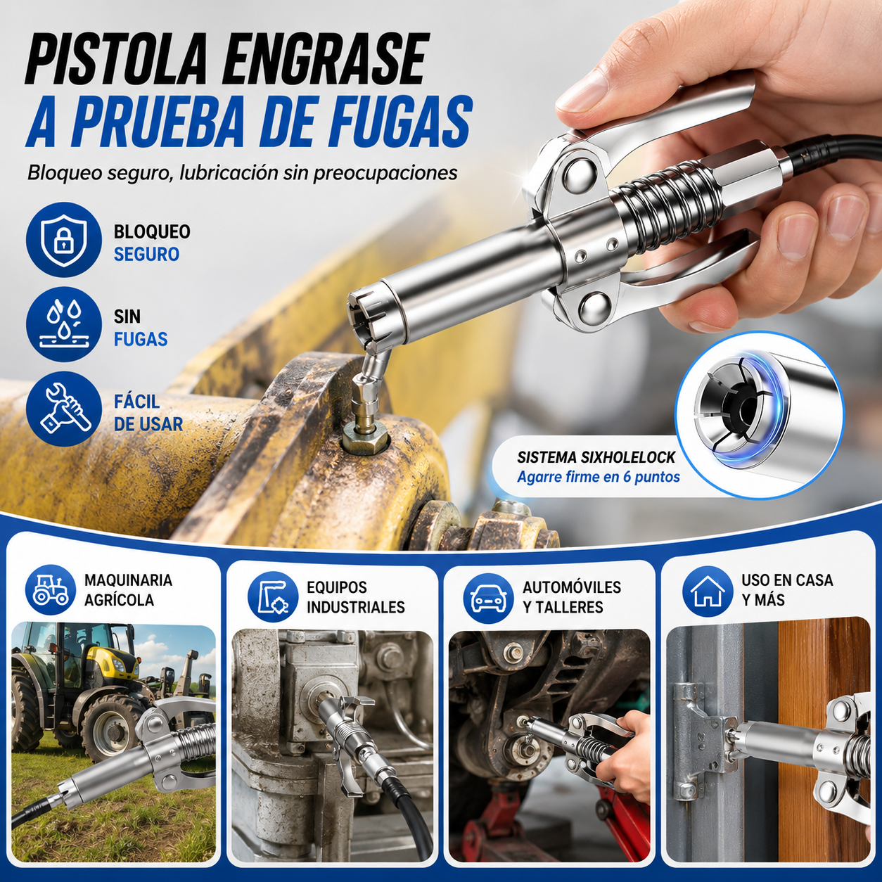 【Compra 1 y llévate 1 gratis】2 artículos por 27 euros🔧Inyector de grasa de alta presión con abrazadera autoblocante y boquilla de engrase de doble asa + manguera flexible de 30 cm