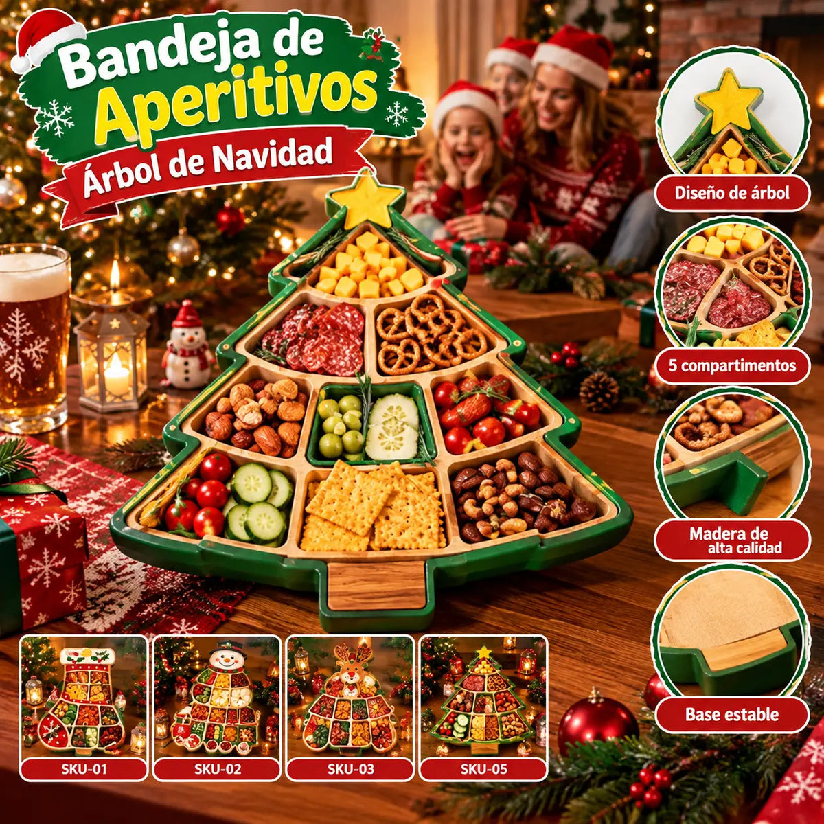 Bandeja de postres con forma de árbol de Navidad, plato de madera compartimentado para fiestas navideñas, plato para aperitivos de frutos secos y queso.