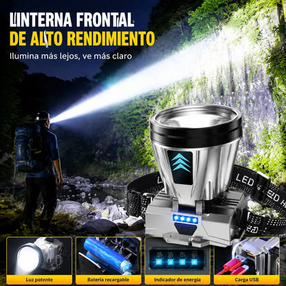 Linterna frontal LED de alta potencia y ultrabrillante, recargable por USB, con haz de luz de largo alcance e indicador de batería, ideal para acampar, hacer senderismo y trabajar.