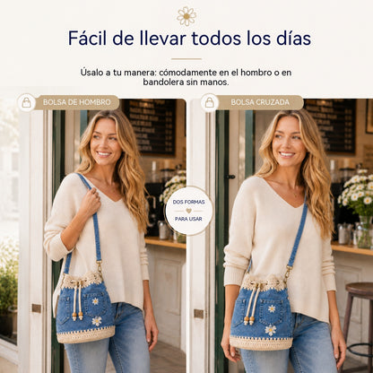 Un bolso de mezclilla tejida estilo bohemio que complementa todos tus looks ✨