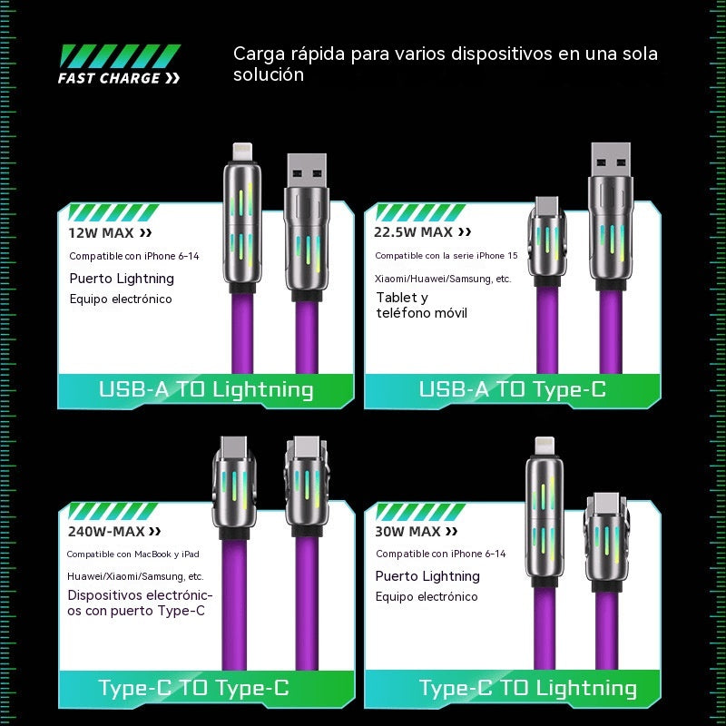 🔥 【2 unidades por 24 euros】 🔥 (1 metros de largo) Cable 4 en 1 PD 240 W – Carga rápida USB‑C, Lightning y USB‑A, aluminio y silicona, sincronización de datos ⚡📱