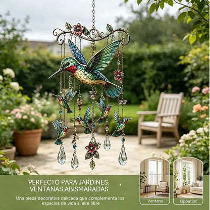 🐦Campanilla de viento de cristal con colibrí y diseño pintado de estilo retro.