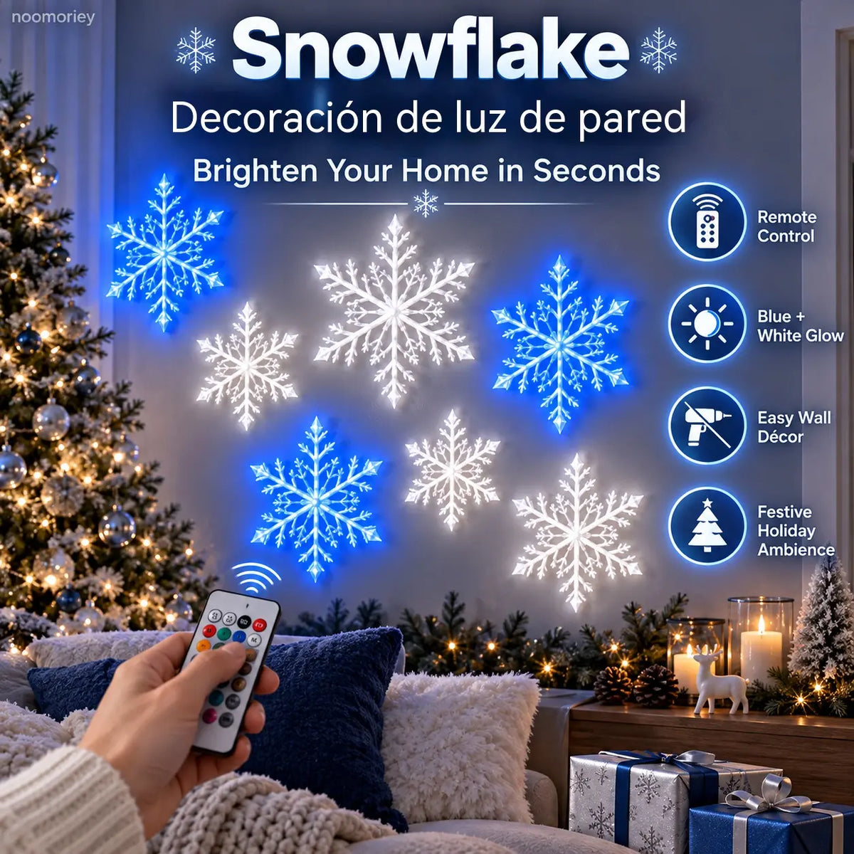 ❄ Juego de 6 luces LED de pared con forma de copo de nieve (azul y blanco) – Decoración navideña