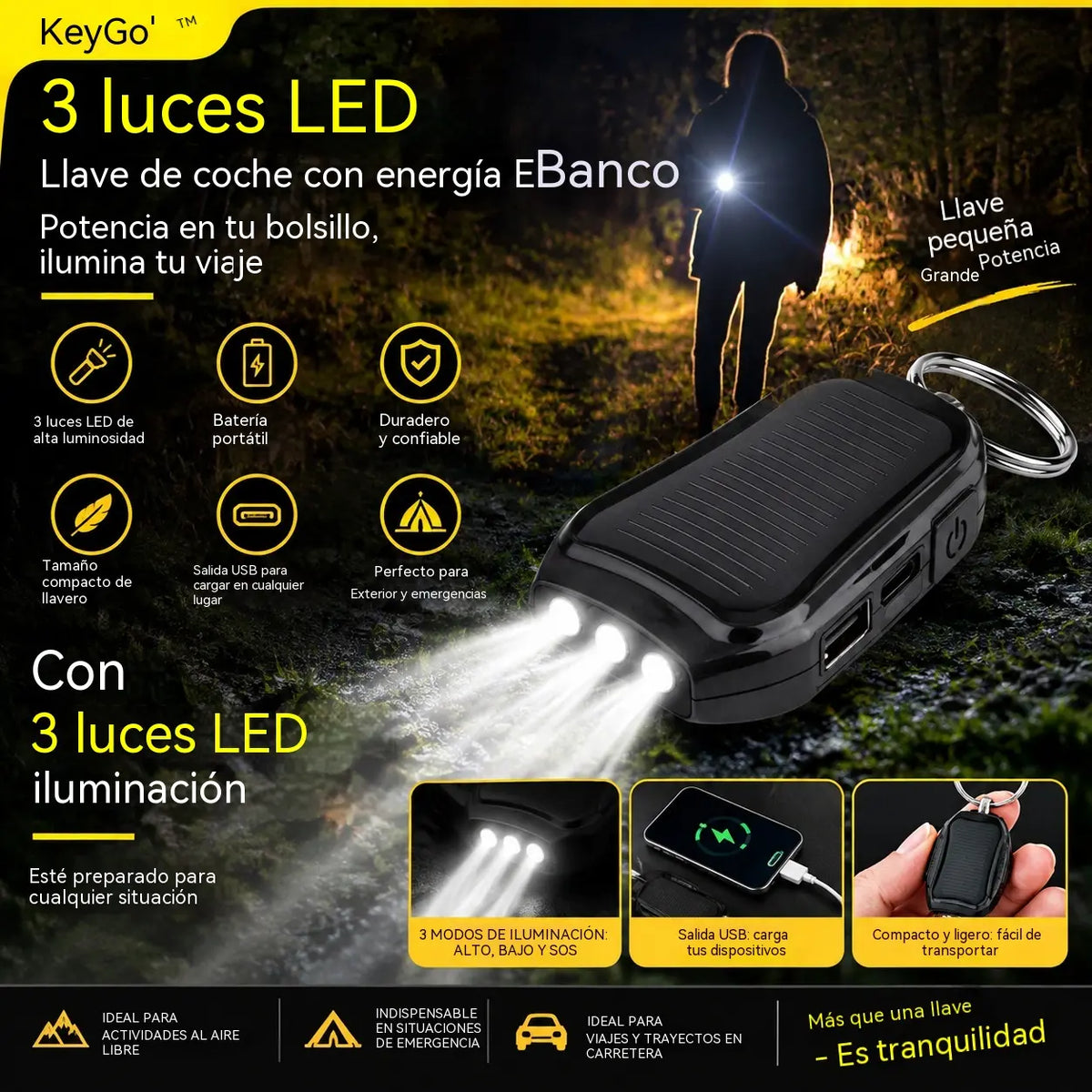 Llavero cargador portátil solar de 1200 mAh con linterna: ideal como fuente de energía de emergencia para acampadas y senderismo al aire libre.