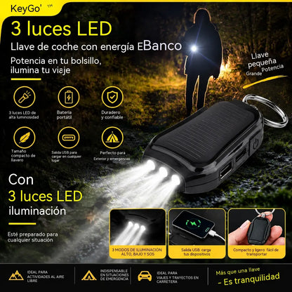 Llavero cargador portátil solar de 1200 mAh con linterna: ideal como fuente de energía de emergencia para acampadas y senderismo al aire libre.