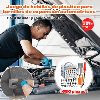 🔥🔥【680 piezas + herramientas de 6 pulgadas + juego de cuatro piezas + almohadilla de esponja + brida】🧰🛠️Juego de hebillas de plástico para tornillos de expansión automotrices