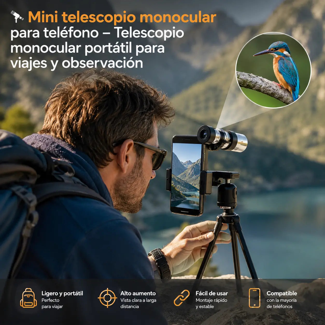 【🔭】Mini telescopio monocular para teléfono – Telescopio monocular portátil para viajes y observación