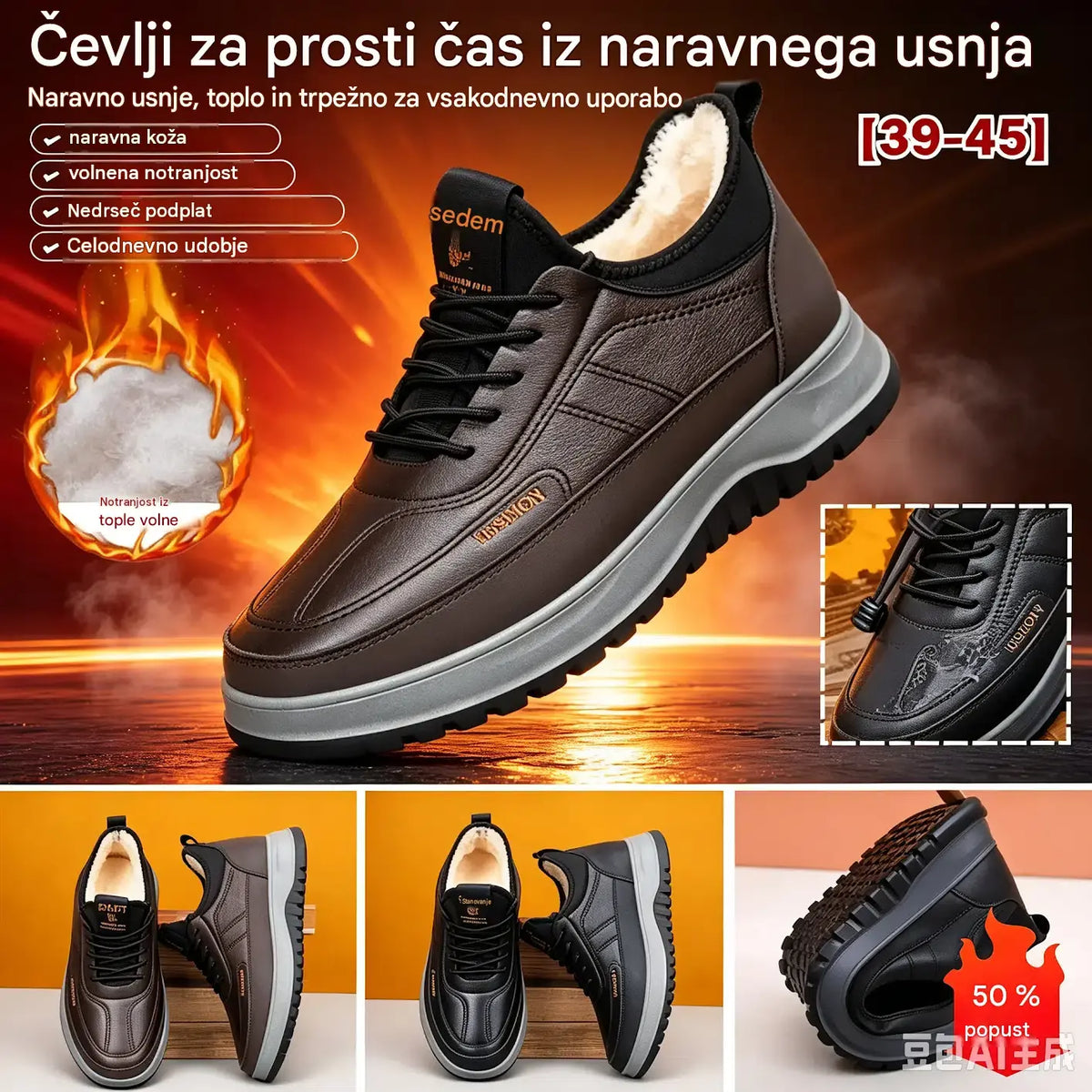 【39–45】Moške vodoodporne zimske superge za prosti čas iz pravega usnja, z mehko žametno podlogo in novim dizajnom